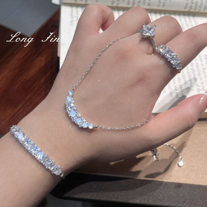 Silver Tone Cubic Zirconia 4-Piece Jewelry Set, Curved Smile Necklace, Tennis Bangle, Stackable Ring & Hoop Earrings, Formal Wedding Prom Evening Accessories for Women