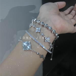 Women’s 4-Piece Stackable Bracelet Set, 14K Gold Plated & Silver Tone Available, Mother of Pearl Clover Charm Cubic Zirconia Layering Bracelets, Elegant Daily Party Jewelry Gift for Her