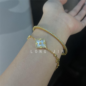 Women’s 4-Piece Stackable Bracelet Set, 14K Gold Plated & Silver Tone Available, Mother of Pearl Clover Charm Cubic Zirconia Layering Bracelets, Elegant Daily Party Jewelry Gift for Her