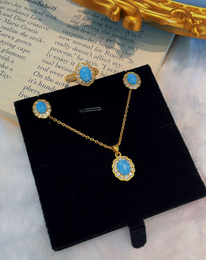 3-Piece Vintage Turquoise Jewelry Set for Women, Oval Cubic Zirconia Halo Design, 14K Gold Plated & Silver Tone, Necklace Earrings Adjustable Ring, Elegant Daily Party Gift for Her