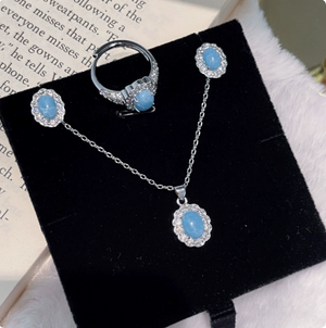 3-Piece Vintage Turquoise Jewelry Set for Women, Oval Cubic Zirconia Halo Design, 14K Gold Plated & Silver Tone, Necklace Earrings Adjustable Ring, Elegant Daily Party Gift for Her