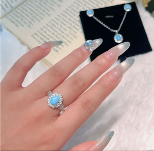 3-Piece Vintage Turquoise Jewelry Set for Women, Oval Cubic Zirconia Halo Design, 14K Gold Plated & Silver Tone, Necklace Earrings Adjustable Ring, Elegant Daily Party Gift for Her