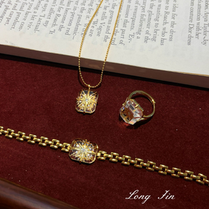 Retro Starburst Clear Square Crystal 3Pcs Jewelry Set – 14K Gold Plated North Star Necklace Adjustable Ring Chain Bracelet, Elegant Matching Jewelry For Daily & Party