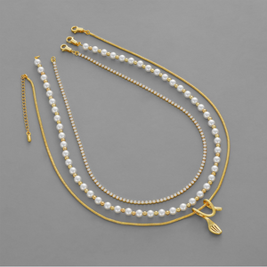 3 Layered Pearl Stacked Necklace with Mini Fork Charm, 14K Gold Plated Snake Tennis Chain Multi Strand Adjustable Layer Necklace for Women