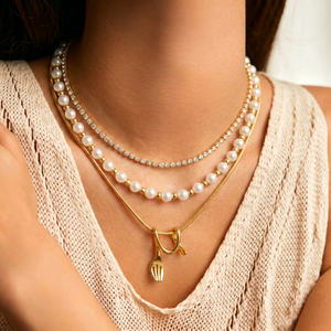 3 Layered Pearl Stacked Necklace with Mini Fork Charm, 14K Gold Plated Snake Tennis Chain Multi Strand Adjustable Layer Necklace for Women
