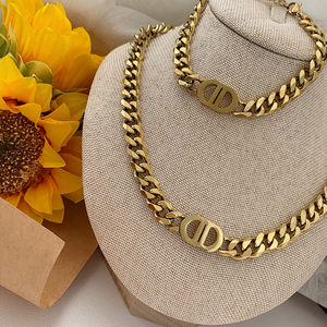 2 Piece Cuban Link Necklace Bracelet Set with Double D Clasp, 14K Gold Plated Stainless Steel Hypoallergenic Matching Jewelry Set for Women