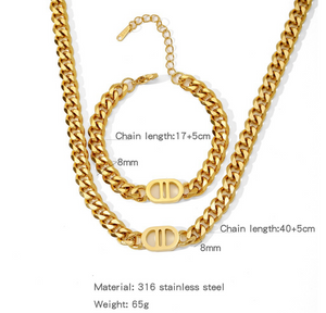 2 Piece Cuban Link Necklace Bracelet Set with Double D Clasp, 14K Gold Plated Stainless Steel Hypoallergenic Matching Jewelry Set for Women