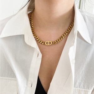 2 Piece Cuban Link Necklace Bracelet Set with Double D Clasp, 14K Gold Plated Stainless Steel Hypoallergenic Matching Jewelry Set for Women