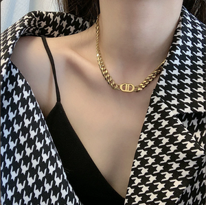 2 Piece Cuban Link Necklace Bracelet Set with Double D Clasp, 14K Gold Plated Stainless Steel Hypoallergenic Matching Jewelry Set for Women