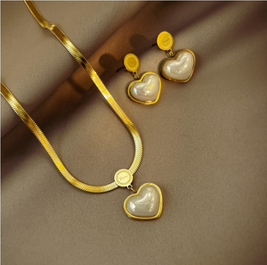 Heart Mother of Pearl Herringbone Jewelry Set, 14K Gold Plated Stainless Steel Necklace & Drop Earrings Matching Set, Hypoallergenic Vintage Gift for Women