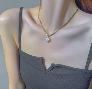 Heart Mother of Pearl Herringbone Jewelry Set, 14K Gold Plated Stainless Steel Necklace & Drop Earrings Matching Set, Hypoallergenic Vintage Gift for Women