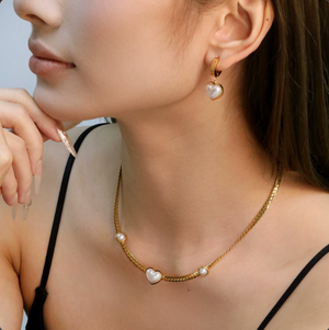 Heart Mother of Pearl Herringbone Jewelry Set, 14K Gold Plated Stainless Steel Necklace & Drop Earrings Matching Set, Hypoallergenic Vintage Gift for Women