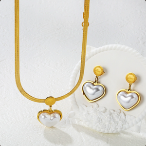 Heart Mother of Pearl Herringbone Jewelry Set, 14K Gold Plated Stainless Steel Necklace & Drop Earrings Matching Set, Hypoallergenic Vintage Gift for Women