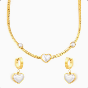 Heart Mother of Pearl Herringbone Jewelry Set, 14K Gold Plated Stainless Steel Necklace & Drop Earrings Matching Set, Hypoallergenic Vintage Gift for Women