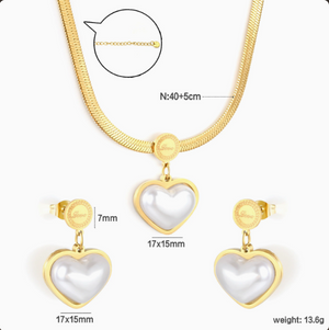 Heart Mother of Pearl Herringbone Jewelry Set, 14K Gold Plated Stainless Steel Necklace & Drop Earrings Matching Set, Hypoallergenic Vintage Gift for Women
