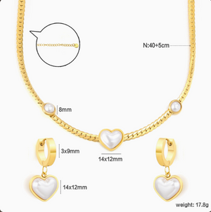 Heart Mother of Pearl Herringbone Jewelry Set, 14K Gold Plated Stainless Steel Necklace & Drop Earrings Matching Set, Hypoallergenic Vintage Gift for Women