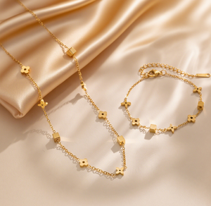 Dainty Four-Petal Flower & Cube Jewelry Set, 316L Stainless Steel PVD 18K Gold Plated Matching Necklace & Bracelet, Minimalist Layering Jewelry for Women, Available in Gold & Silver Tone
