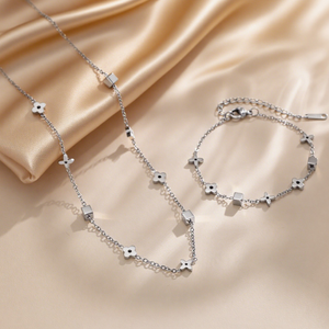 Dainty Four-Petal Flower & Cube Jewelry Set, 316L Stainless Steel PVD 18K Gold Plated Matching Necklace & Bracelet, Minimalist Layering Jewelry for Women, Available in Gold & Silver Tone