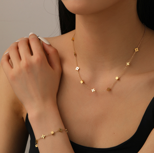 Dainty Four-Petal Flower & Cube Jewelry Set, 316L Stainless Steel PVD 18K Gold Plated Matching Necklace & Bracelet, Minimalist Layering Jewelry for Women, Available in Gold & Silver Tone