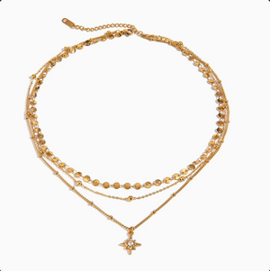 Adjustable 3-Tier North Star Layered Necklace, 18K Gold Plated Waterproof Hypoallergenic Stainless Steel Star Pendant Necklace, Versatile Dainty Jewelry Gift For Her