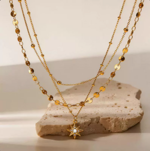 Adjustable 3-Tier North Star Layered Necklace, 18K Gold Plated Waterproof Hypoallergenic Stainless Steel Star Pendant Necklace, Versatile Dainty Jewelry Gift For Her