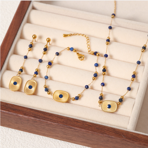 Vintage Radiant Rectangular Lapis Gemstone 3Pcs Jewelry Set, Adjustable Gold Beaded Necklace Bracelet Long Drop Earring Set
