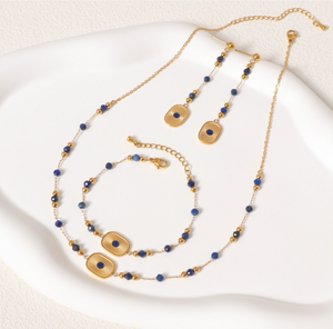 Vintage Radiant Rectangular Lapis Gemstone 3Pcs Jewelry Set, Adjustable Gold Beaded Necklace Bracelet Long Drop Earring Set