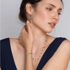 Vintage Radiant Rectangular Lapis Gemstone 3Pcs Jewelry Set, Adjustable Gold Beaded Necklace Bracelet Long Drop Earring Set