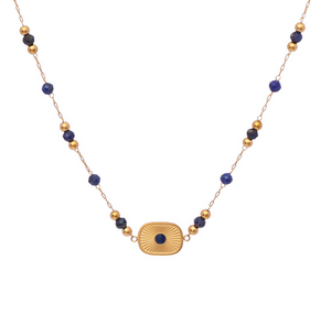 Vintage Radiant Rectangular Lapis Gemstone 3Pcs Jewelry Set, Adjustable Gold Beaded Necklace Bracelet Long Drop Earring Set