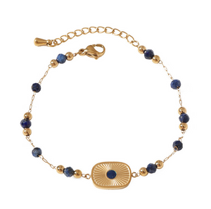 Vintage Radiant Rectangular Lapis Gemstone 3Pcs Jewelry Set, Adjustable Gold Beaded Necklace Bracelet Long Drop Earring Set