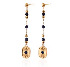 Vintage Radiant Rectangular Lapis Gemstone 3Pcs Jewelry Set, Adjustable Gold Beaded Necklace Bracelet Long Drop Earring Set