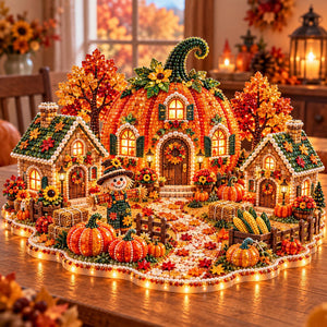 3D Diamond Art Autumn Village Kit, DIY Pumpkin House Craft Set with LED Light, Thanksgiving Fall Harvest Table Decor, Handmade Gift for Craft Lovers