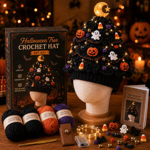 Light‑Up Tree Crochet Hat DIY Kit for Beginners, Complete All‑In‑One Crochet Craft Set with Yarn, Hook, Fairy Lights & Ornaments, Step‑by‑Step Instructions, Gift‑Ready Holiday Beanie for Halloween Christmas & Parent‑Child Handmade Projects