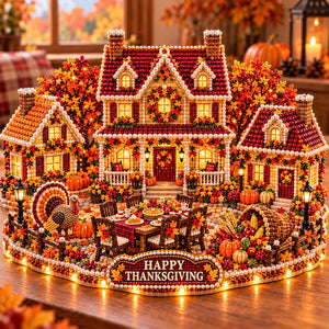 3D Diamond Art Autumn Village Kit, DIY Pumpkin House Craft Set with LED Light, Thanksgiving Fall Harvest Table Decor, Handmade Gift for Craft Lovers