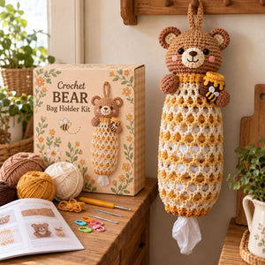 Cute Animal Crochet Bag Holder DIY Kit | Wall Mount Plastic Grocery Bag Storage Net, Handmade Craft Gift