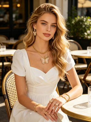 Pink Enamel Butterfly Jewelry Set | 14K Gold Plated Crystal Rhinestone Necklace Earrings Bracelet Ring