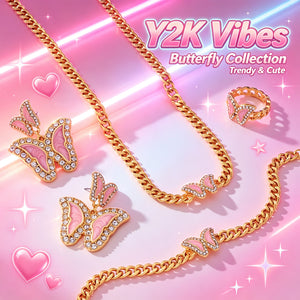 Pink Enamel Butterfly Jewelry Set | 14K Gold Plated Crystal Rhinestone Necklace Earrings Bracelet Ring