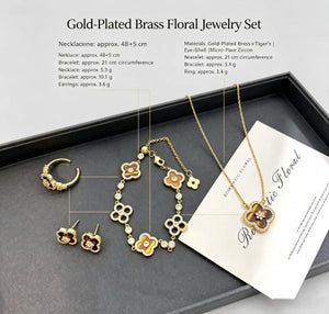 14K Gold Plated Tiger Eye Four Leaf Clover Jewelry Set Rhinestone Inlay Matching Necklace Bracelet Stud Earrings Hoop Ring Luxury Vintage Floral Jewellery Gift Set for Women Wedding Party Daily Wear