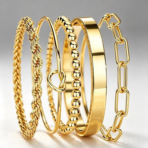 Stainless Steel 5 Pieces Layering Bracelet Set, Twisted Rope, Knot, Bead & Paperclip Chain Stackable Bangles, 18K Gold Plated Waterproof Jewelry Gift for Her