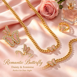 Pink Enamel Butterfly Jewelry Set | 14K Gold Plated Crystal Rhinestone Necklace Earrings Bracelet Ring